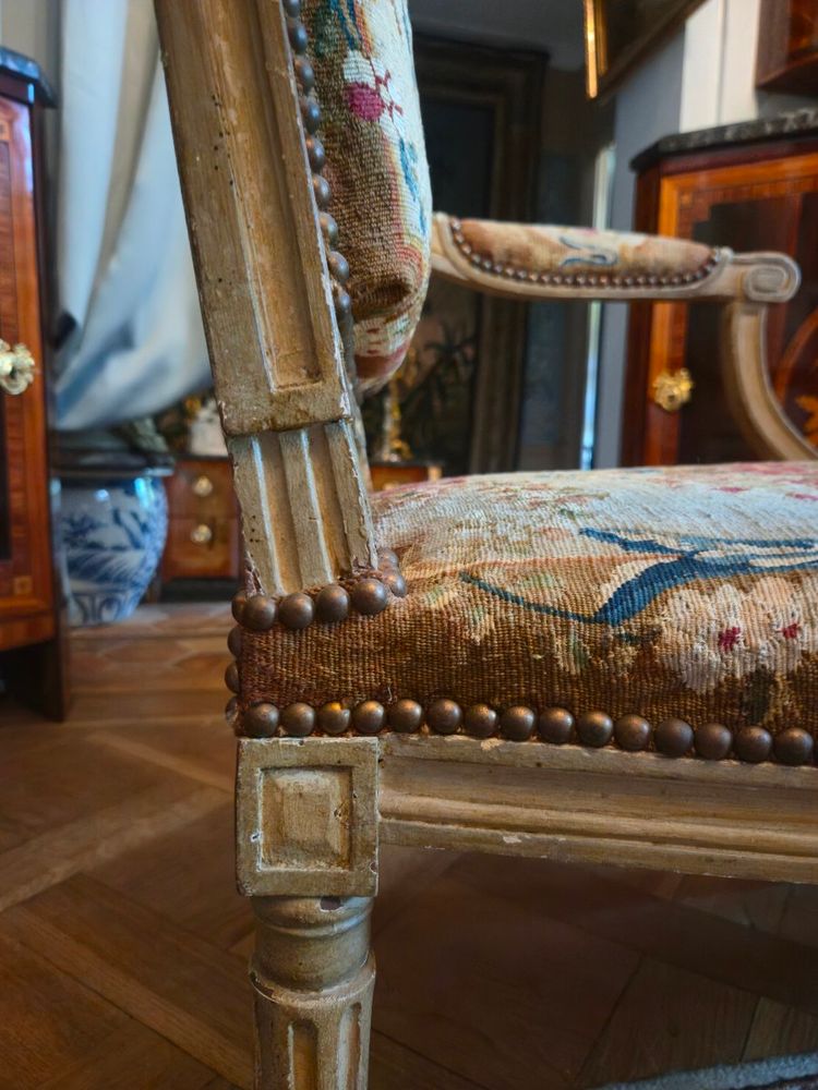 Pair of Louis XVI period queen's armchairs, upholstered in their Beauvais tapestry.