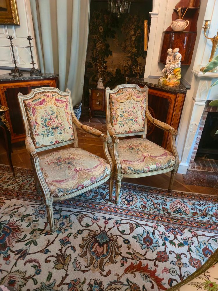 Pair of Louis XVI period queen's armchairs, upholstered in their Beauvais tapestry.
