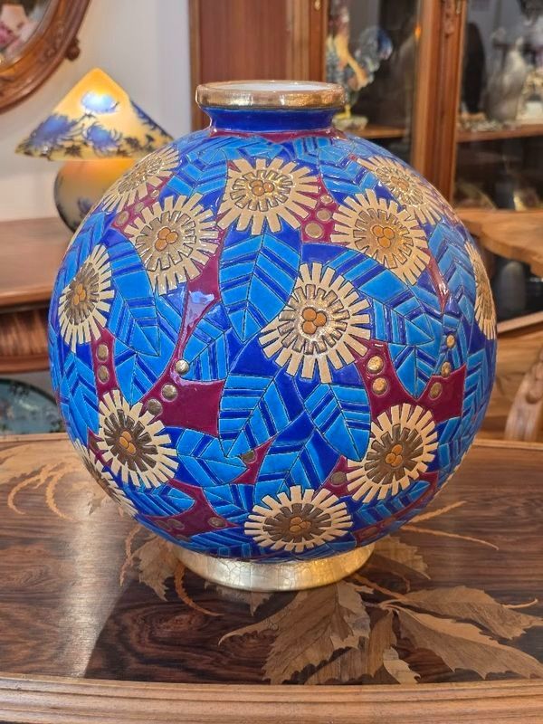 Longwy Art Deco Colonial Ball Vase "Stylized Flowers"