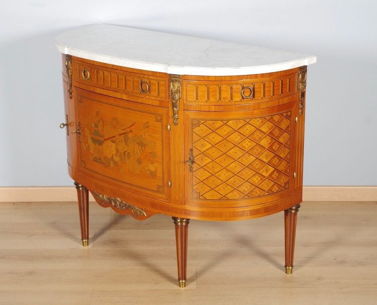 Louis XVI half-moon commode with doors, marquetry and gilt bronze mounts, circa 1900