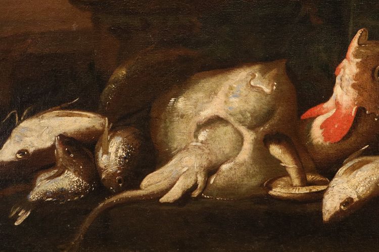 Paire de natures mortes avec des poissons, attribué à Elena Recco (1654 - 1700) 