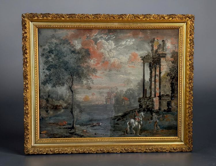 TABLEAU / ECOLE FRANCAISE FIN DU XVIIIe FIXÉ SOUS VERRE SIGNÉ " HALDENWANG "