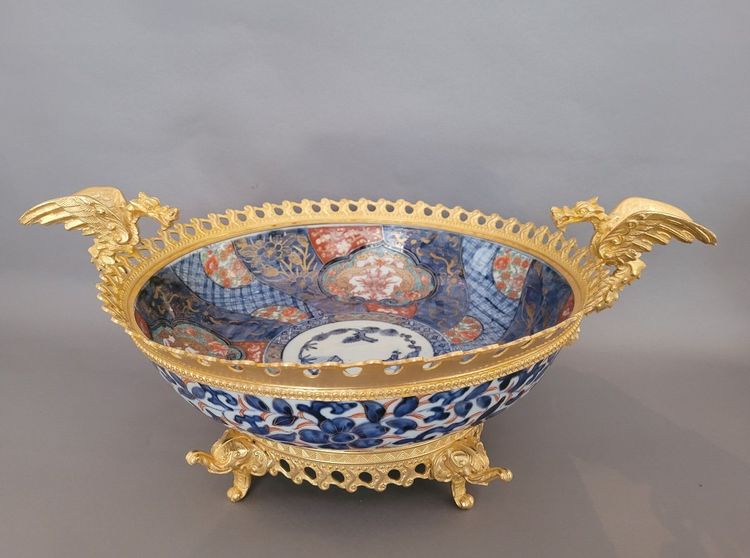 Grande Coupe Porcelaine japonaise  Imari Montée Bronze Doré