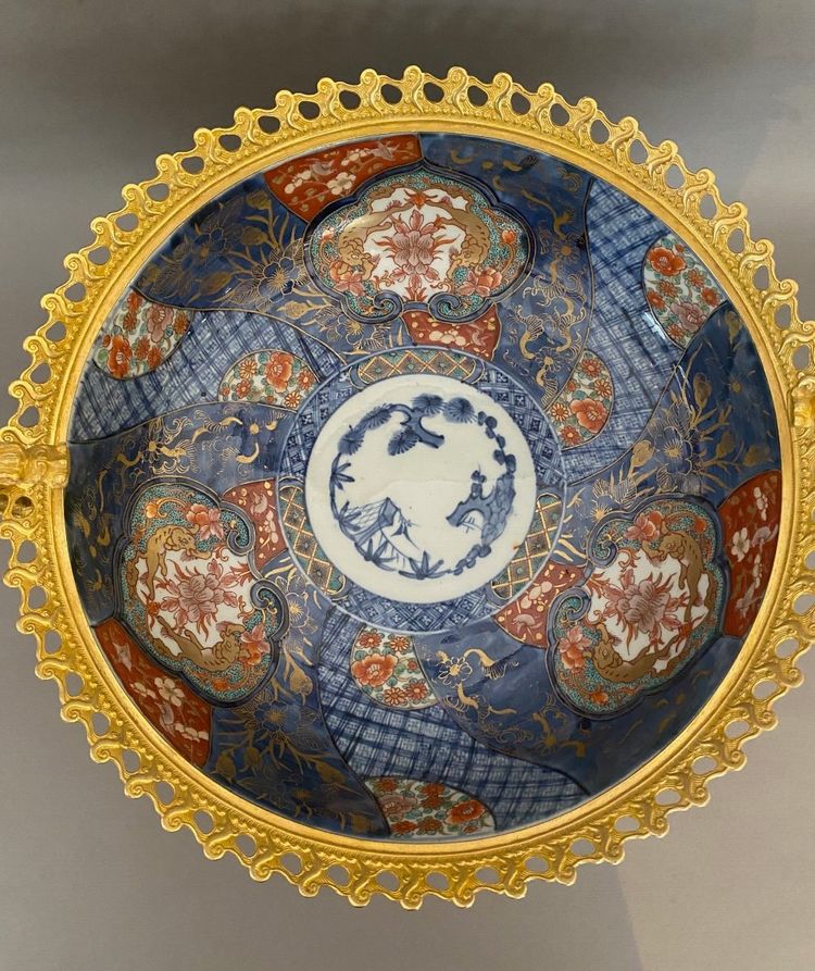 Grande Coupe Porcelaine japonaise  Imari Montée Bronze Doré