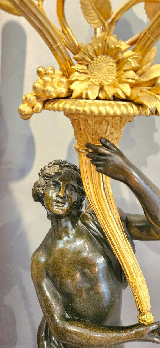 Large gilded and patinated bronze candelabras, 19th century,
