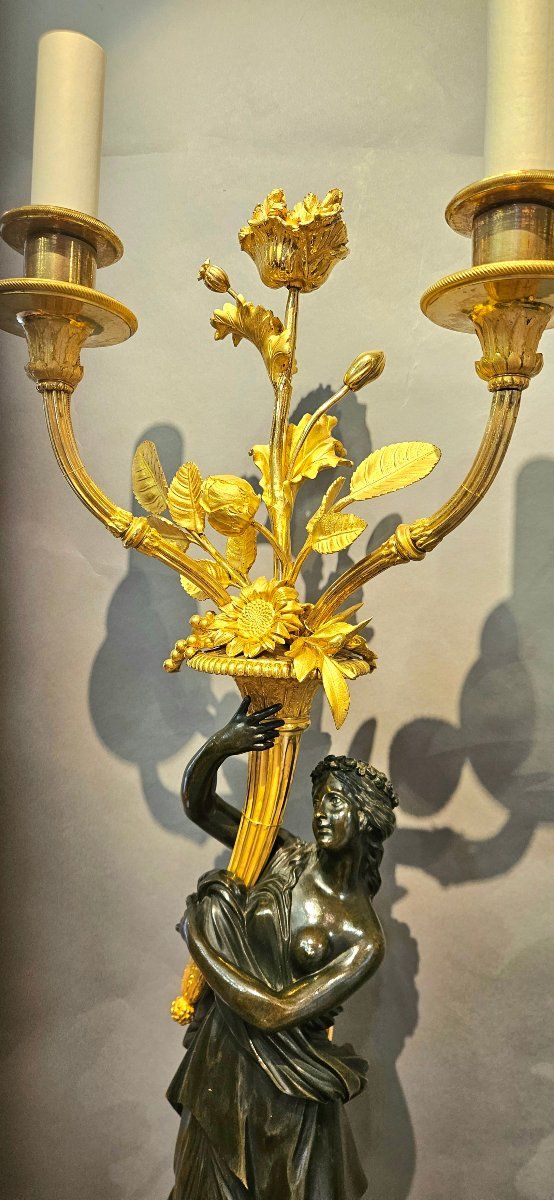 Large gilded and patinated bronze candelabras, 19th century,