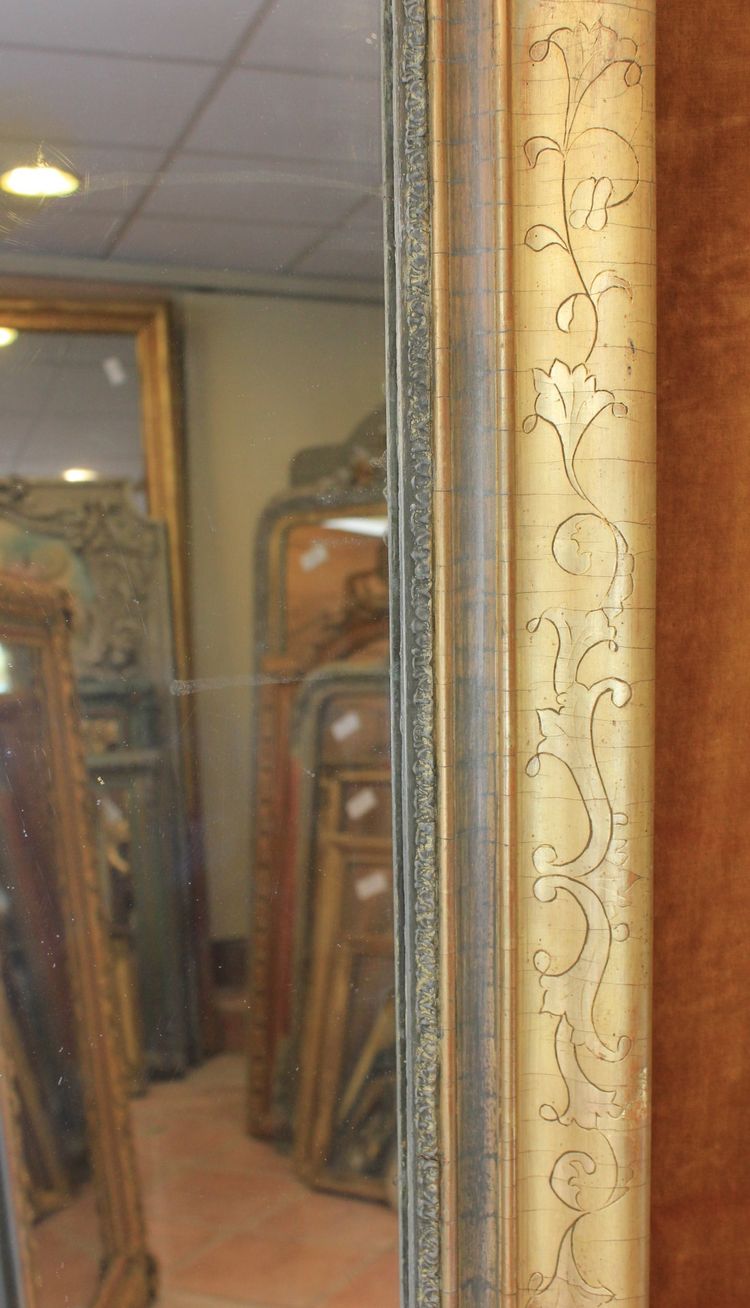 76 x 124 cm Miroir ancien rectangle restauration, feuille d'or et patine
