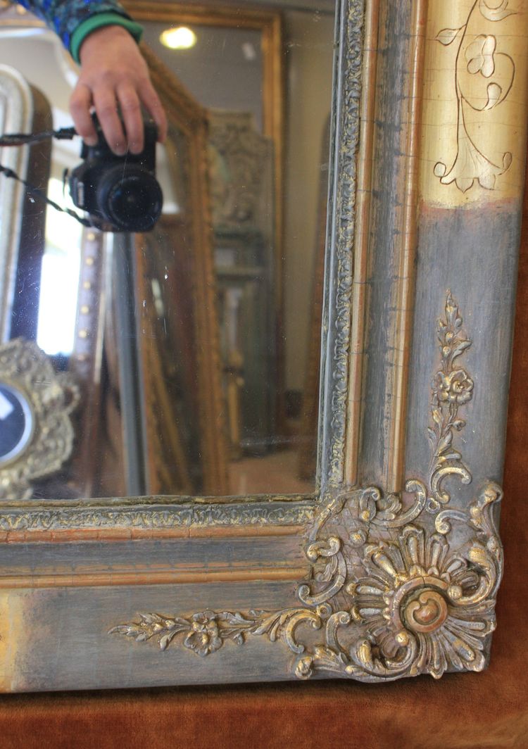 76 x 124 cm Miroir ancien rectangle restauration, feuille d'or et patine