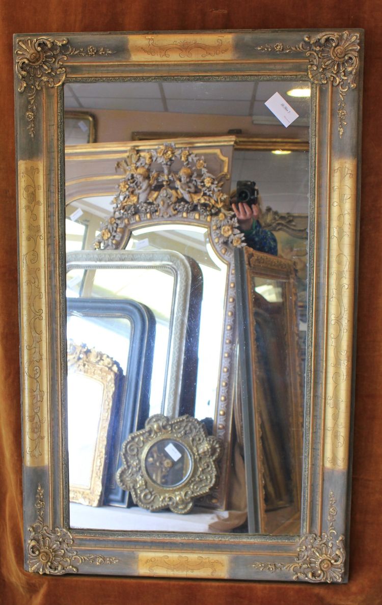 76 x 124 cm Miroir ancien rectangle restauration, feuille d'or et patine