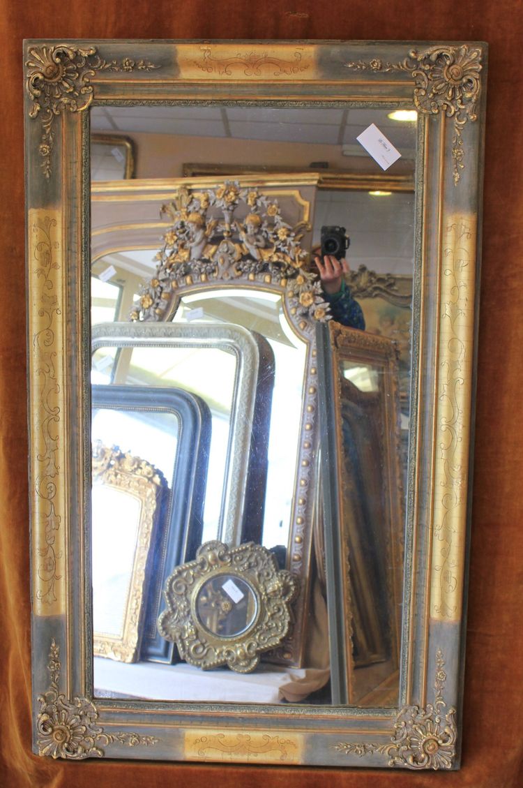 76 x 124 cm Miroir ancien rectangle restauration, feuille d'or et patine