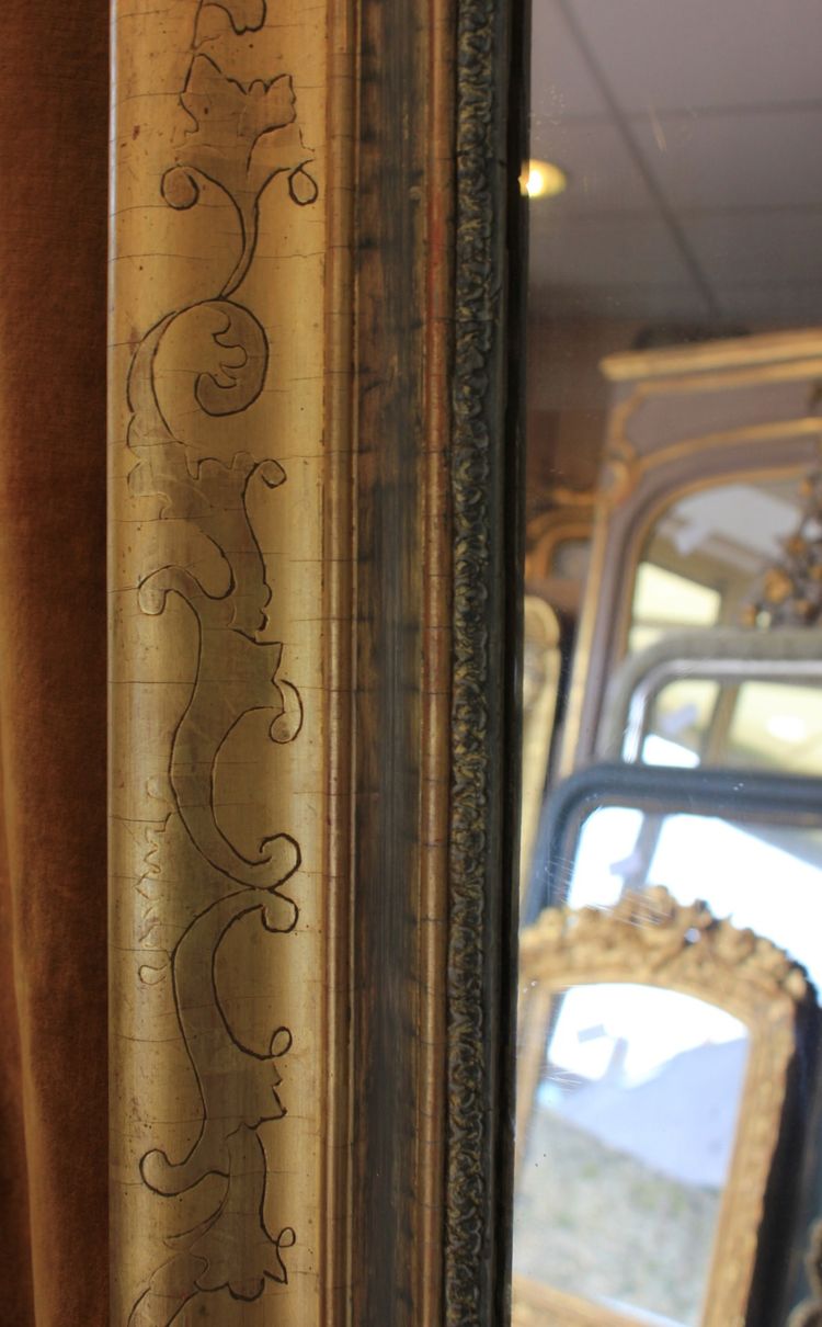76 x 124 cm Miroir ancien rectangle restauration, feuille d'or et patine
