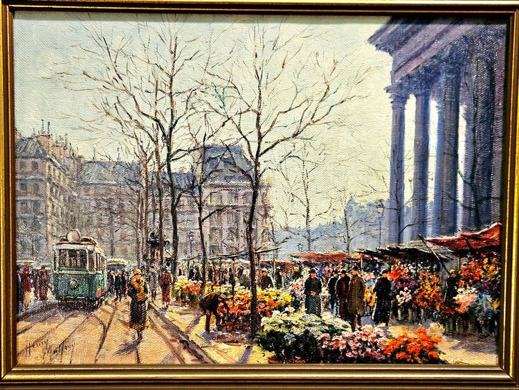 H. Malfroy - Mercato dei fiori alla Madeleine, Parigi. Olio su tela, XX secolo