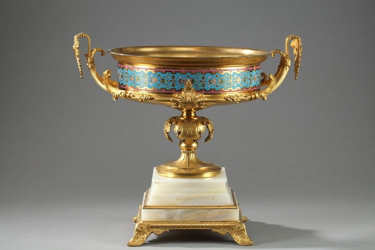 Grande Coupe En Bronze Doré, Onyx d'Algérie Et émaux Cloisonnés, Barbedienne
