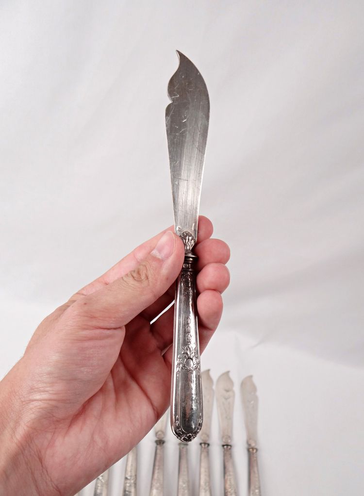Couverts à poisson en argent 12 personnes style Louis XVI J. Blum Joaillier Strasbourg XIXe