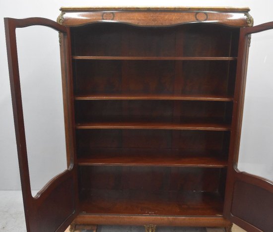 Libreria in stile transizione intarsio e piano in marmo bronzo dorato