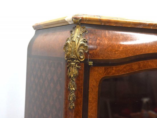 Libreria in stile transizione intarsio e piano in marmo bronzo dorato