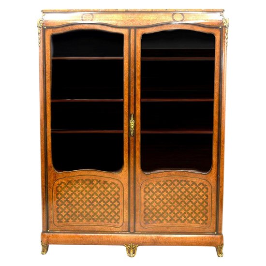 Libreria in stile transizione intarsio e piano in marmo bronzo dorato