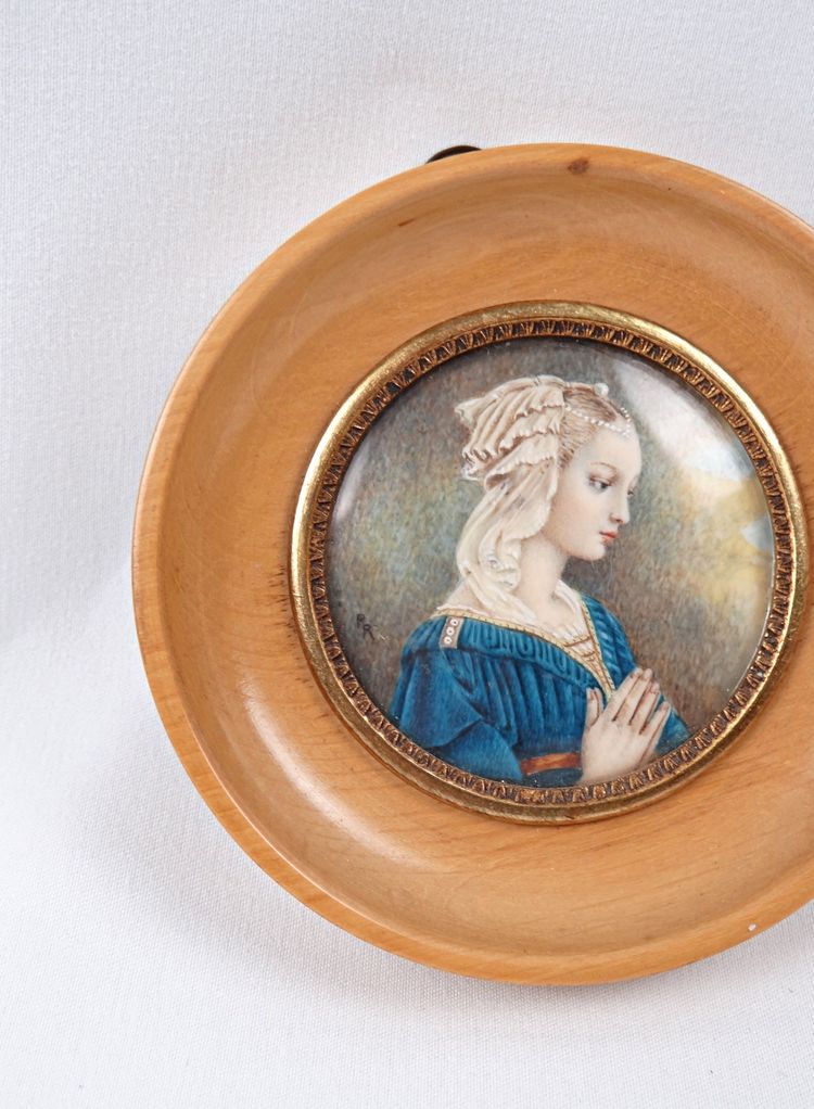 Miniature portrait de l'Adoration de la Vierge Marie signé P.R. XIXe  sur ivoire