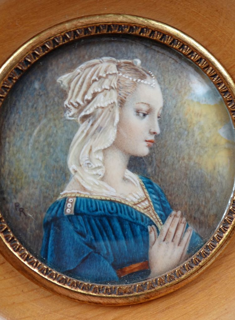Miniature portrait de l'Adoration de la Vierge Marie signé P.R. XIXe  sur ivoire