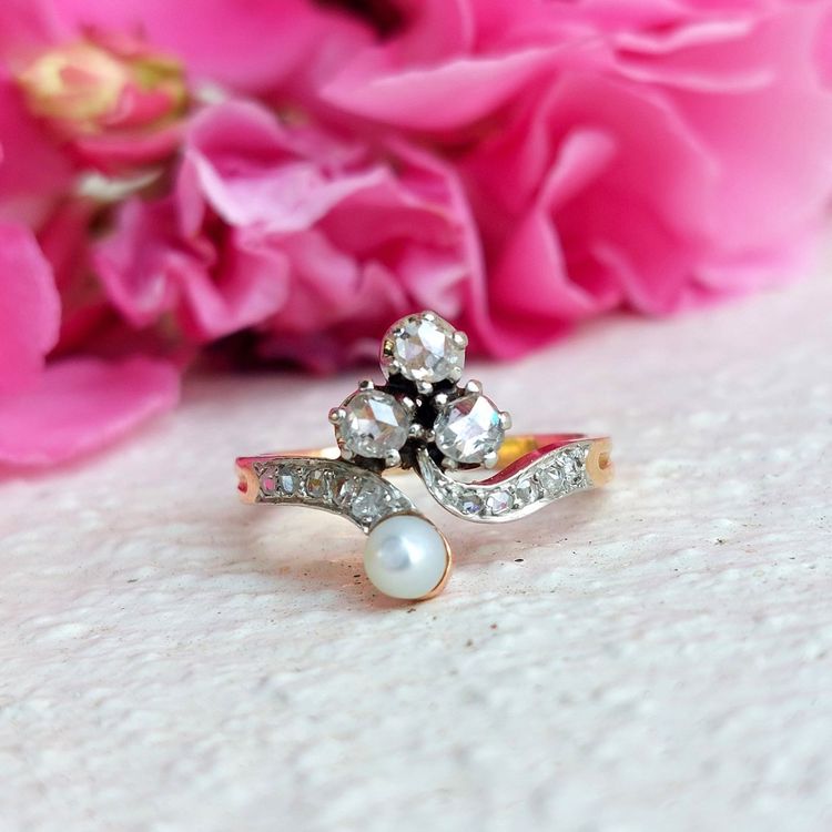 Bague duchesse Belle Époque diamants et perle fine