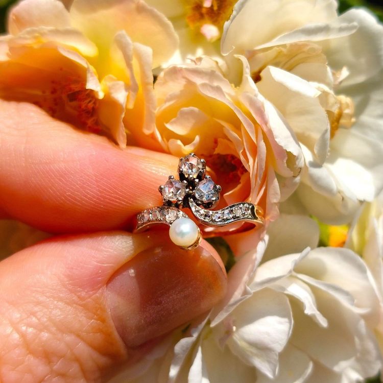 Bague duchesse Belle Époque diamants et perle fine
