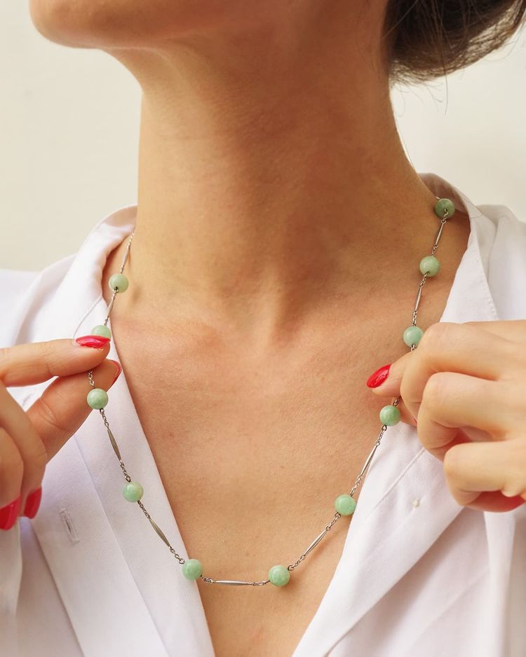 French 1940s Silver Amazonite Bead Necklace