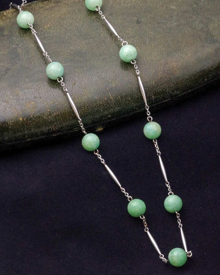 French 1940s Silver Amazonite Bead Necklace