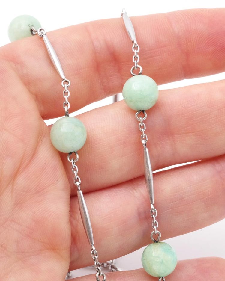 French 1940s Silver Amazonite Bead Necklace