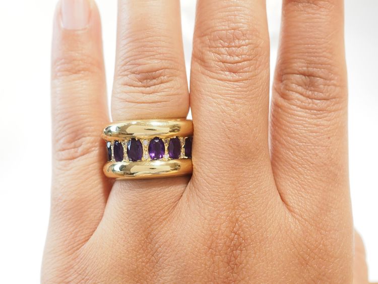 Bague Cocktail Or Jaune 750 Améthystes et Diamants 
