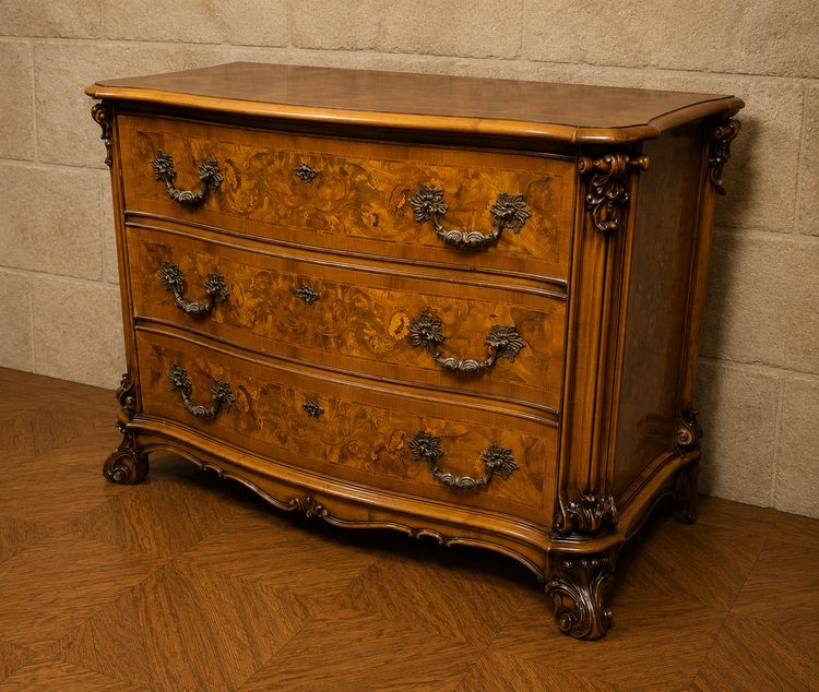 Commode galbée en marqueterie de noyer – Style Louis XV