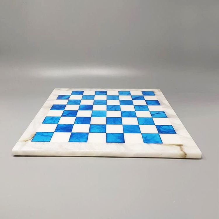 1970s Gorgeous Sky Blue and White Chess Set in Volterra Alabaster Handmade. Made in Italy
