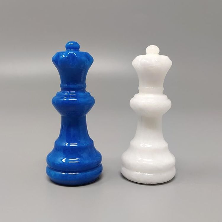 1970s Gorgeous Sky Blue and White Chess Set in Volterra Alabaster Handmade. Made in Italy