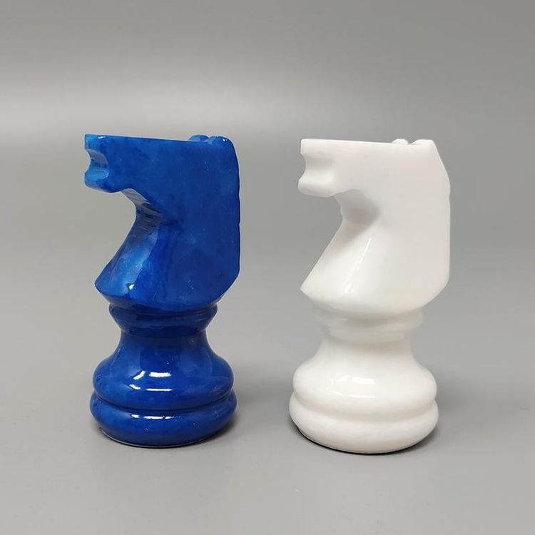 1970s Gorgeous Sky Blue and White Chess Set in Volterra Alabaster Handmade. Made in Italy