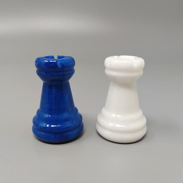1970s Gorgeous Sky Blue and White Chess Set in Volterra Alabaster Handmade. Made in Italy