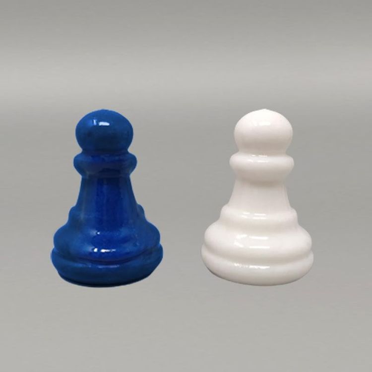 1970s Gorgeous Sky Blue and White Chess Set in Volterra Alabaster Handmade. Made in Italy