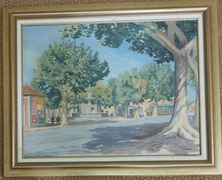 L. Linsolas (XXéme siècle) - Nyons - Place du Champ de Mars - huile sur panneau - circa 1960 
