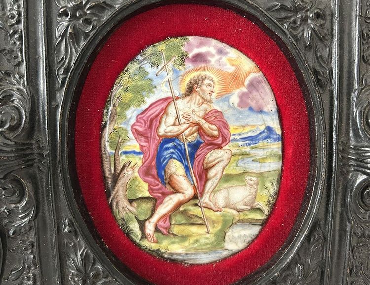 Plaque ovale émail peint Limoges portrait Saint Jean-Baptiste agneau XVIIIè