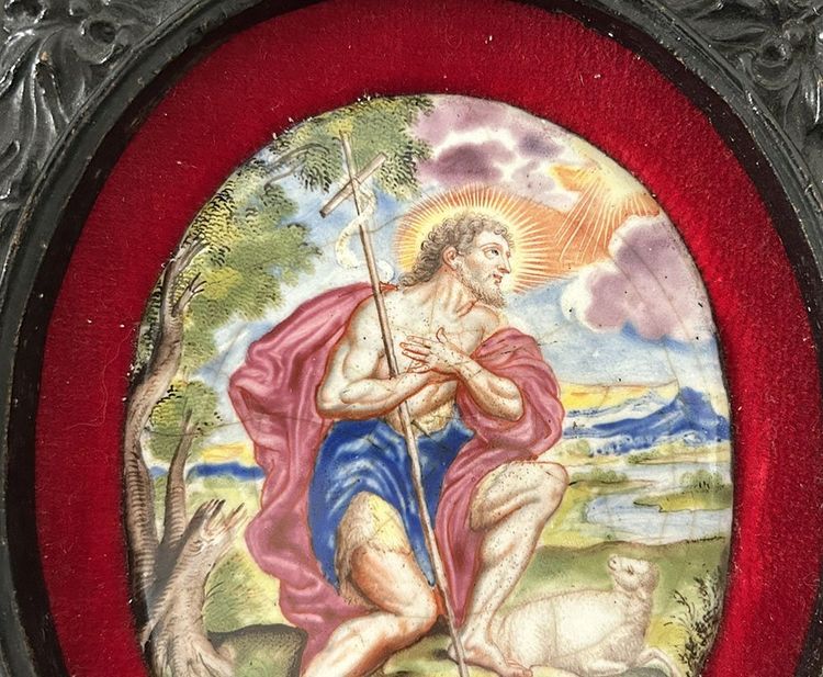 Plaque ovale émail peint Limoges portrait Saint Jean-Baptiste agneau XVIIIè