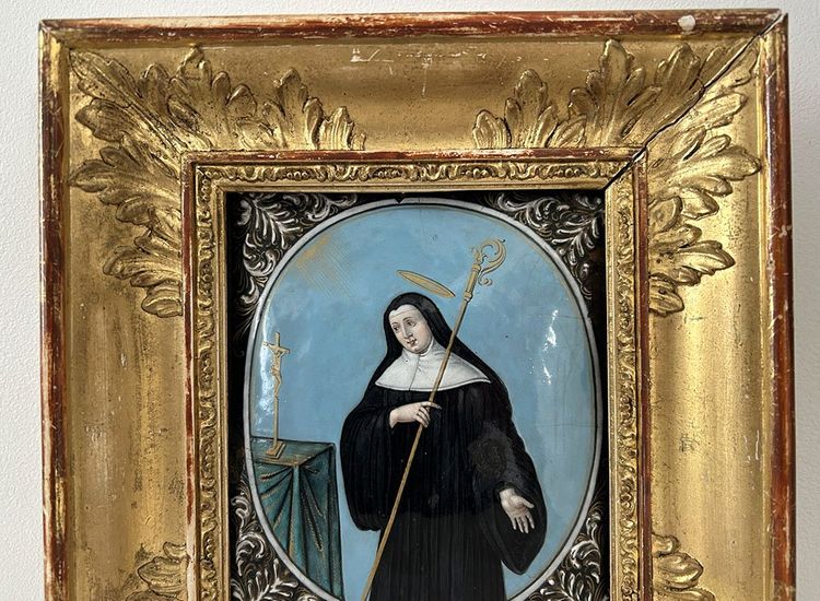 Plaque ovale émail Jacques Laudin Limoges portrait Sainte Scholastique 17è