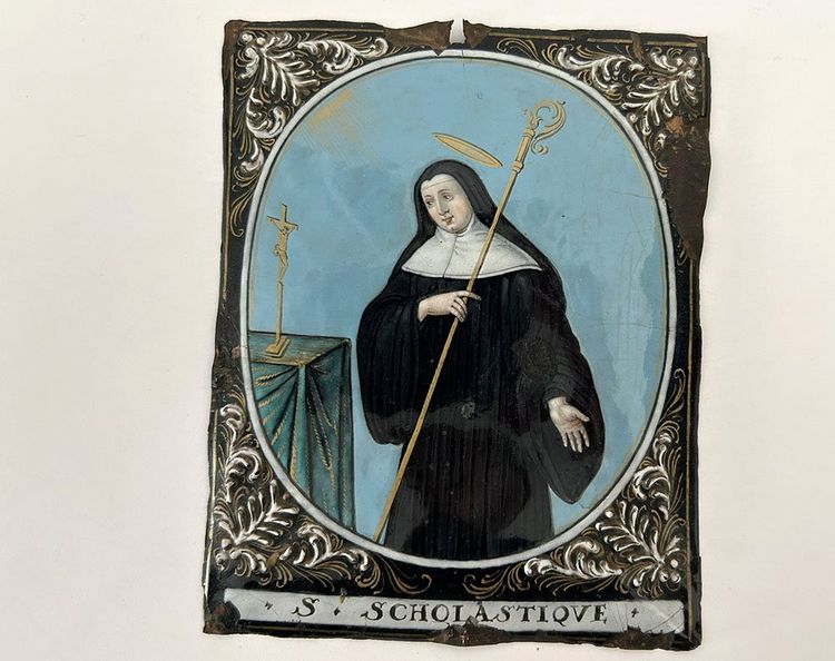 Plaque ovale émail Jacques Laudin Limoges portrait Sainte Scholastique 17è