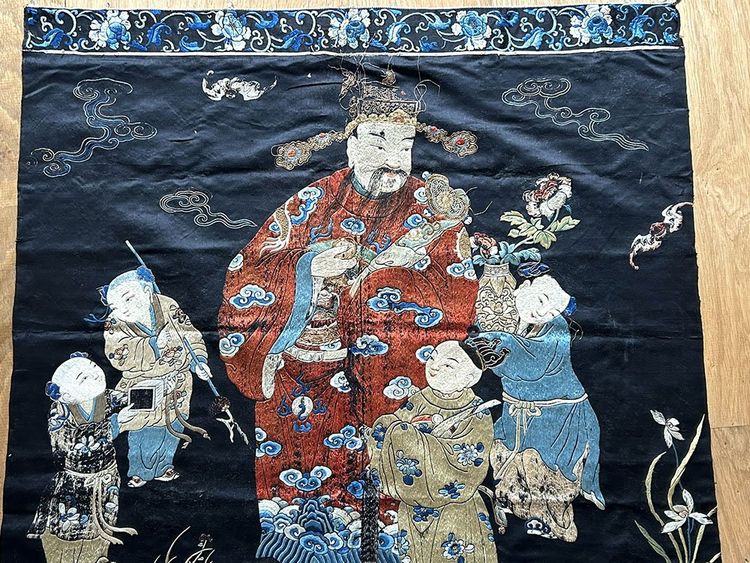 Broderie chinoise tissu soie personnage mandarin enfants Chine XIXè siècle