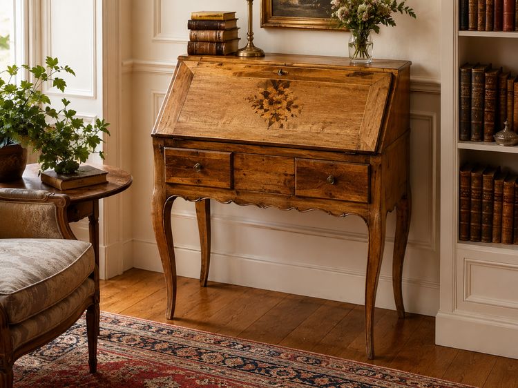 Secrétaire de pente galbé Louis XV en bois fruitier à marqueterie – Compartiment secret