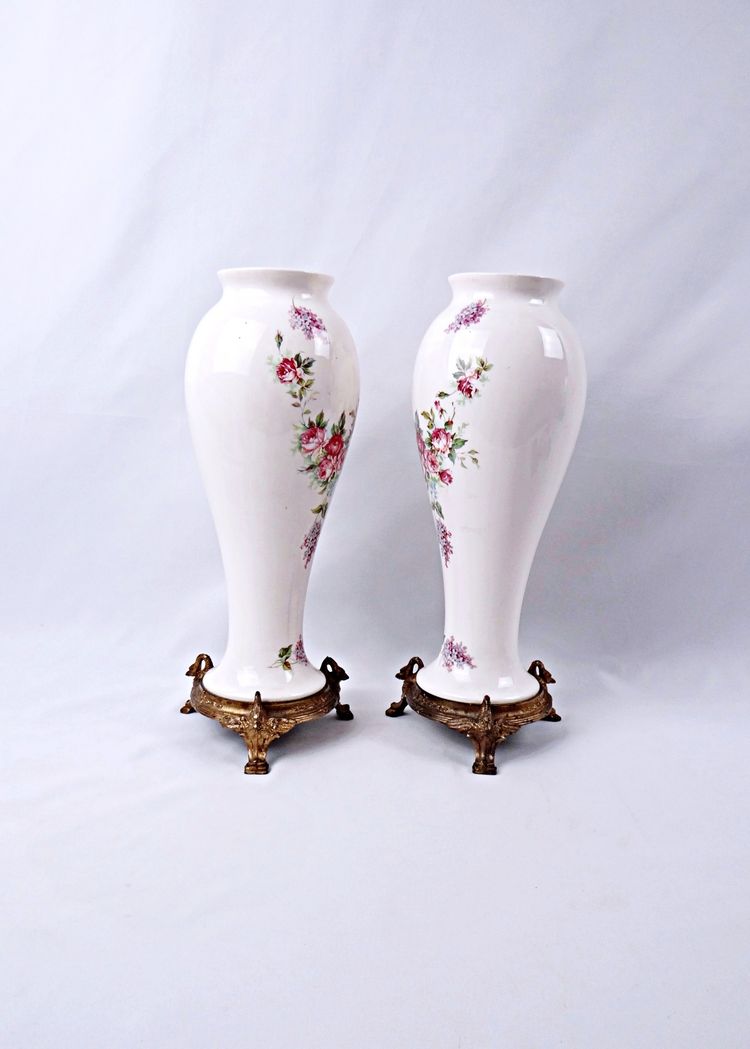 Pair of Limoges porcelain vases with floral decoration and gilded bronze mounts, late 19th century