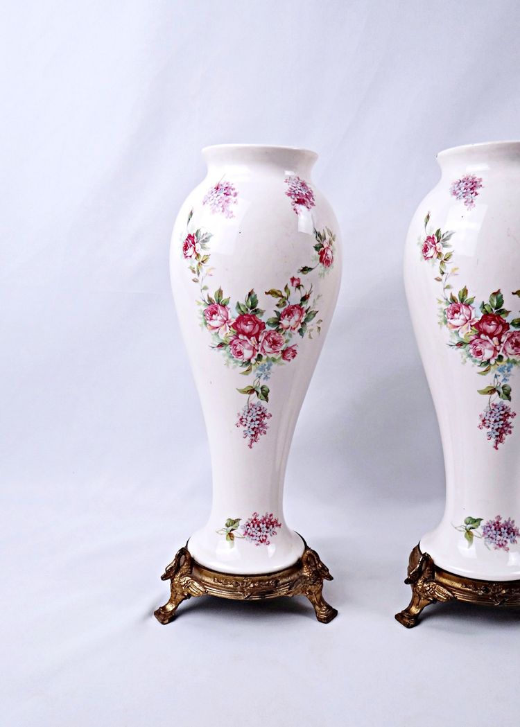 Pair of Limoges porcelain vases with floral decoration and gilded bronze mounts, late 19th century