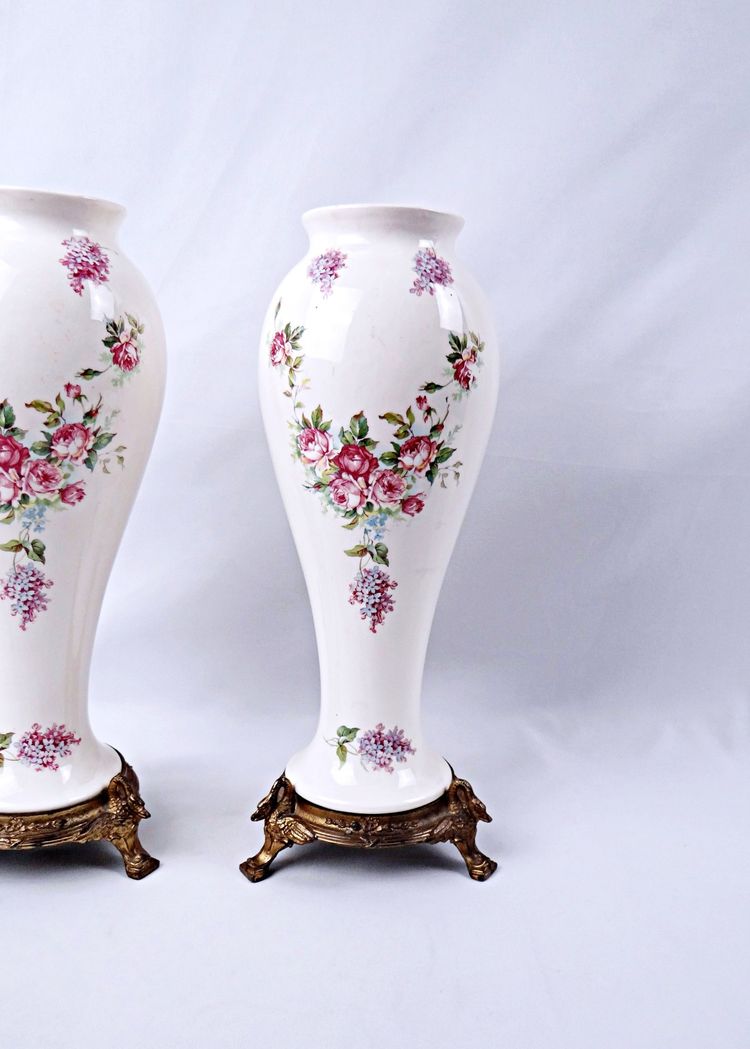 Pair of Limoges porcelain vases with floral decoration and gilded bronze mounts, late 19th century