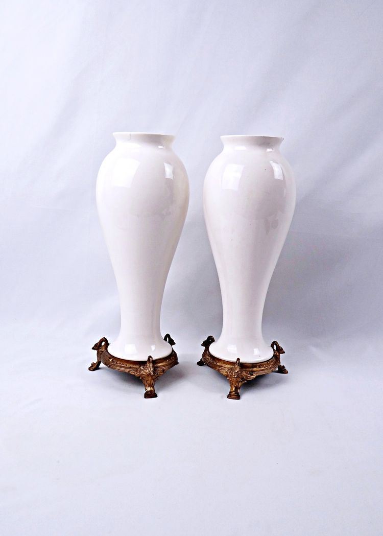 Pair of Limoges porcelain vases with floral decoration and gilded bronze mounts, late 19th century