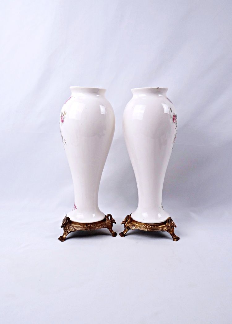 Pair of Limoges porcelain vases with floral decoration and gilded bronze mounts, late 19th century