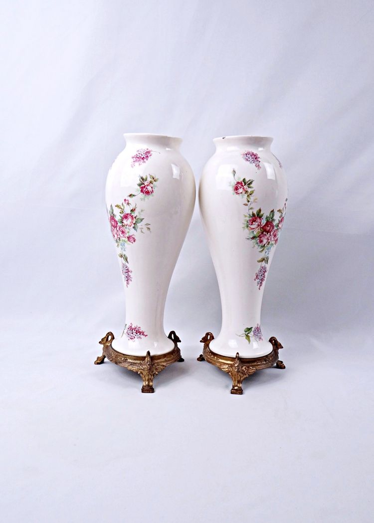 Pair of Limoges porcelain vases with floral decoration and gilded bronze mounts, late 19th century