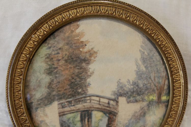 Rundansicht-Miniatur, Landschaft, Aquarell, Ende des 19. Jahrhunderts