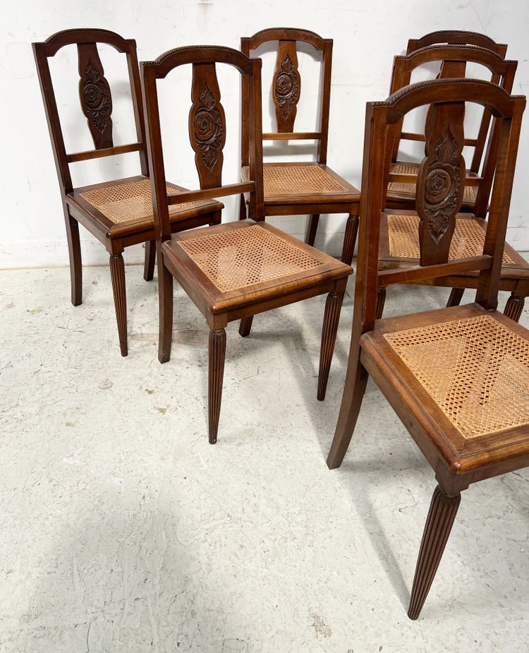 Set of six Art Deco chairs in solid walnut, 20th century